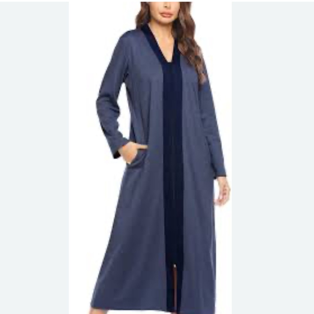 Luxurious Two-Tone Blue Long Robe Loungewear3/4 Sleeves Zipper Sleepwear